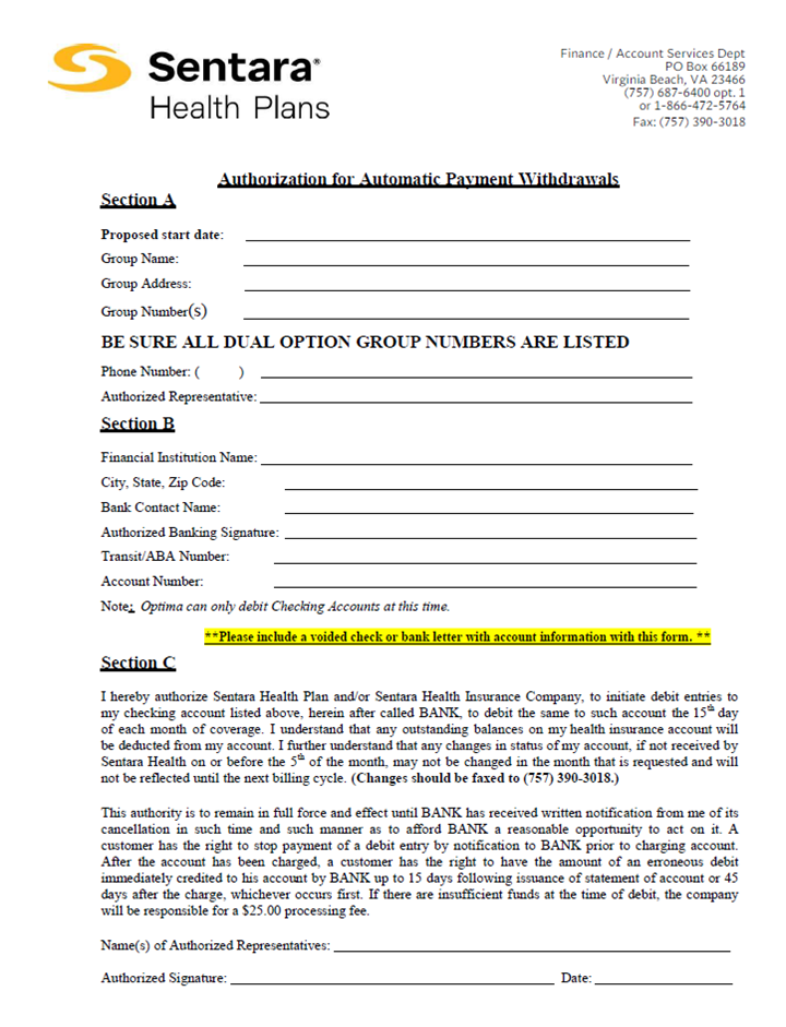 Sentara Group ACH Form
