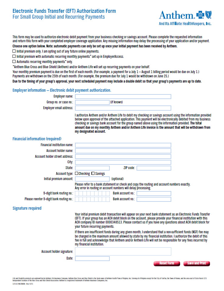 Anthem EFT ACA Authorization Form