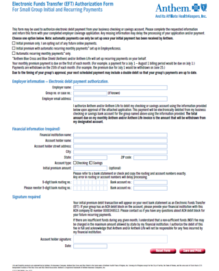 Anthem Small Group EFT Authorization Form | Towne Benefits