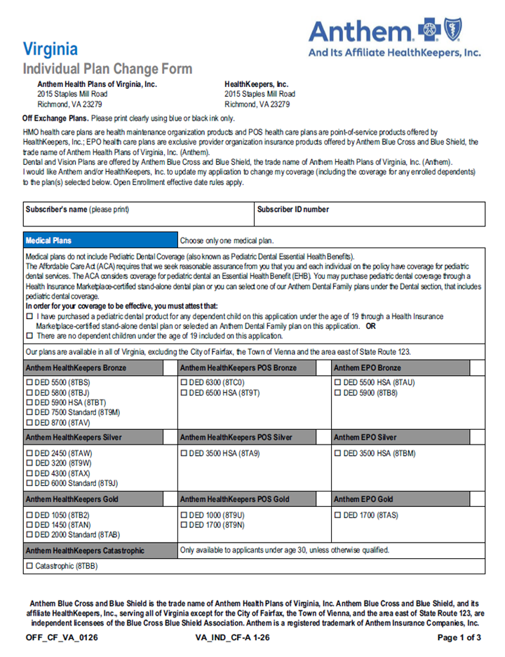 2026 Anthem Individual Plan Change Form