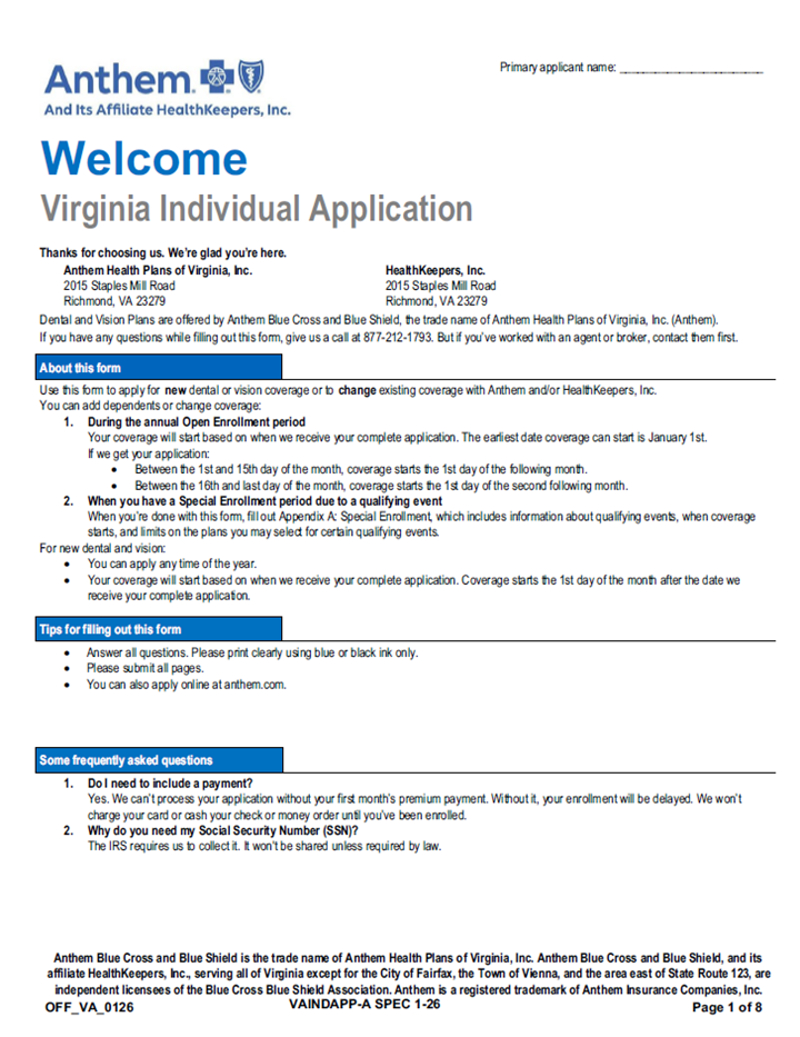 2026 Anthem Individual Dental And Vision Application