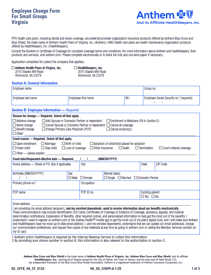 2025 Anthem Small Group Employee Change Application