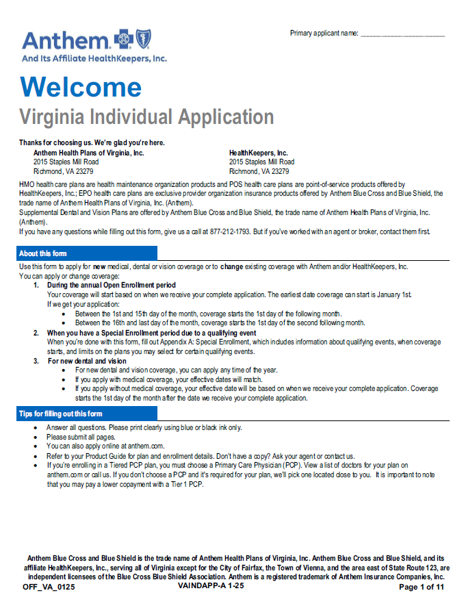 2025 Anthem Individual Medical Dental & Vision Off Exchange Form