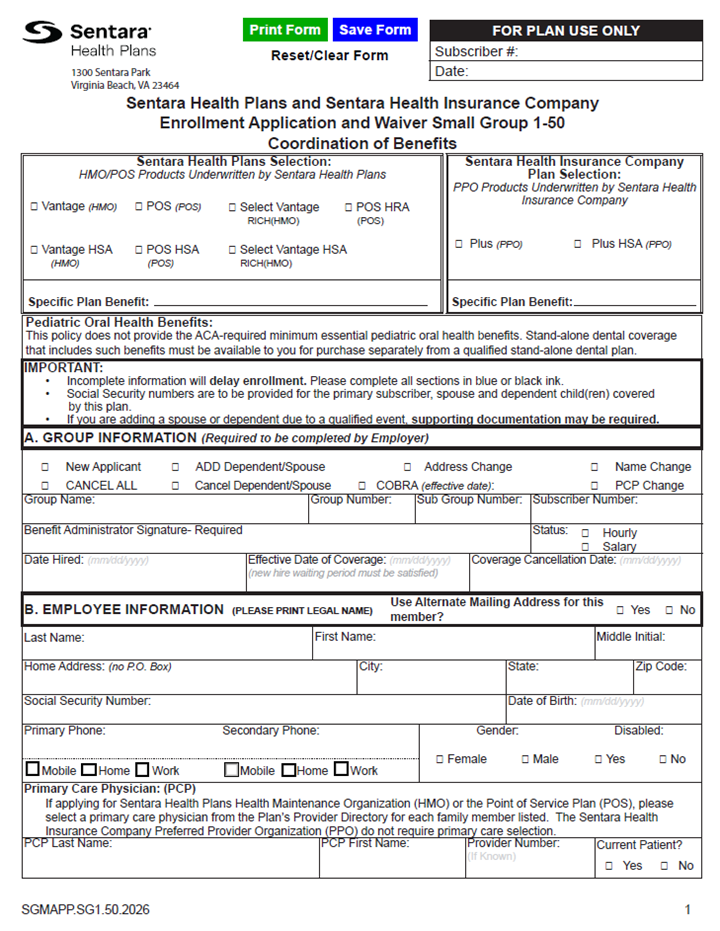 2026 Sentara SG Employee Enrollment And Waiver Form