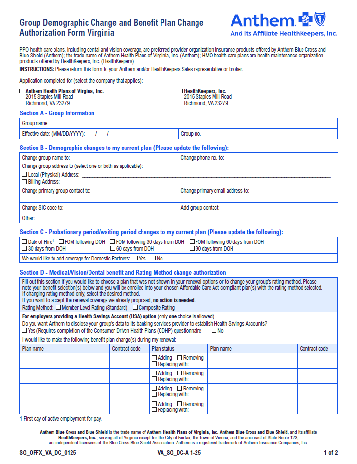 2025 Anthem Group Demographic Change And Benefit Plan Change Form