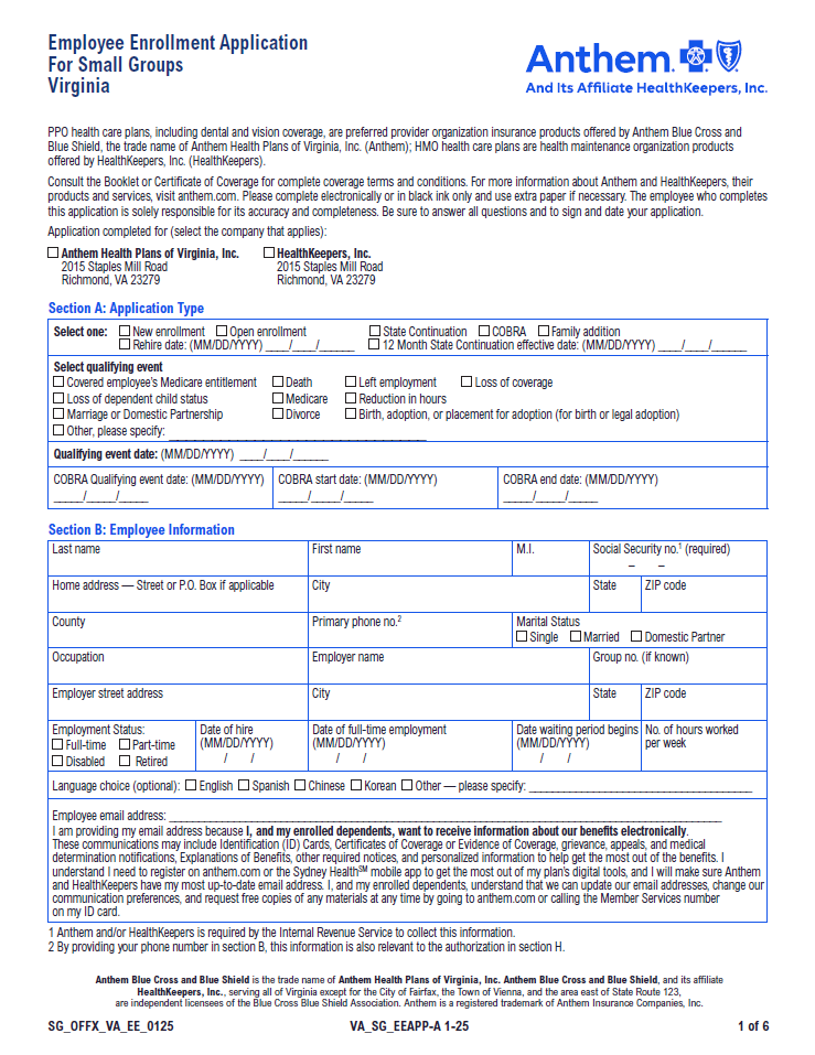 2025 Anthem Small Group Employee Application