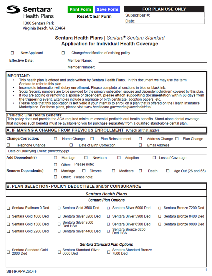 2026 Sentara Individual Off Exchange Application