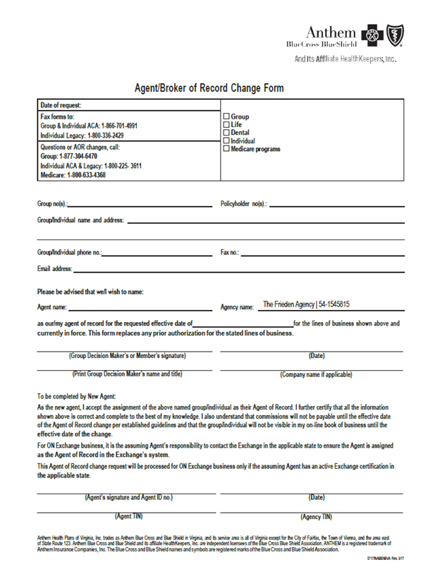 Form Anthem AOR Form (All Lines Of Business)