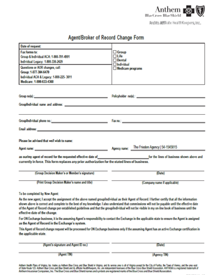 Aor Form Example Anthem Agent of Record (AOR) Form - All Lines of Business | Towne Benefits