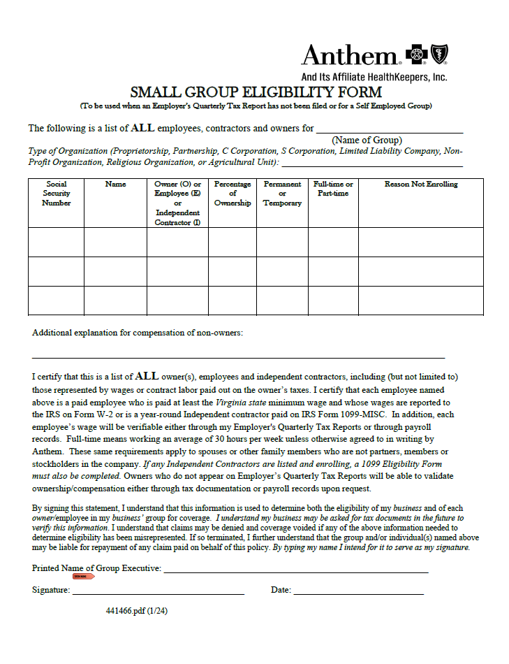 Anthem Small Group Eligibility Form